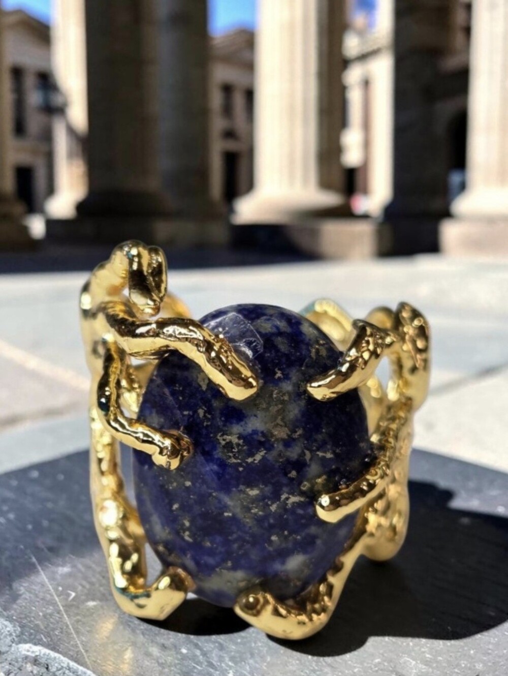18k Gold Plated Turkish Artisan Genuine Lapis Lazuli Stone Prong Set Ring